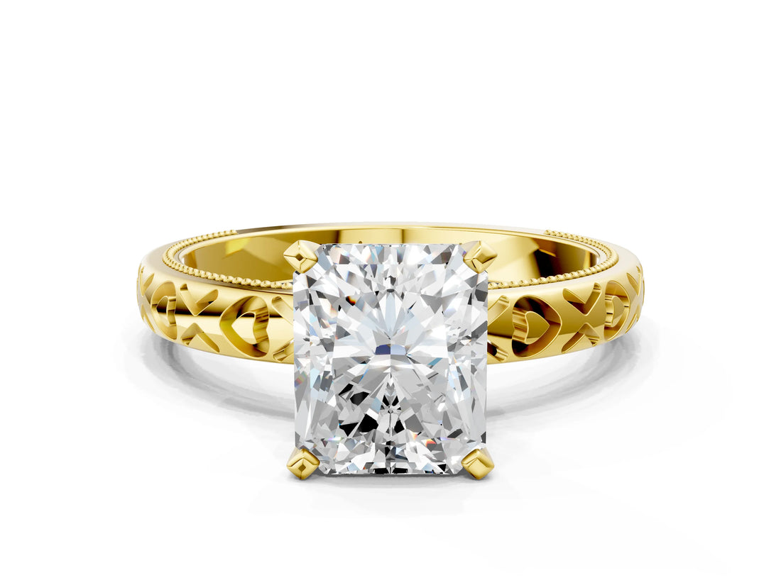 Yellow gold Radiant Solitaire Diamond Engagement Ring with XO Engraved Band and Four-Prong Setting