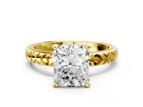 Yellow gold Radiant Solitaire Diamond Engagement Ring with XO Engraved Band and Four-Prong Setting