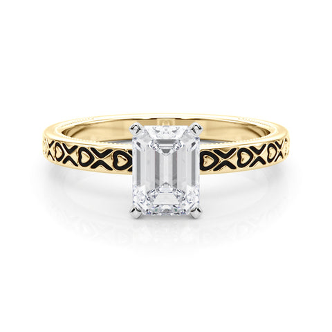 Yellow gold Radiant Solitaire Diamond Engagement Ring with XO Engraved Band and Four-Prong Setting