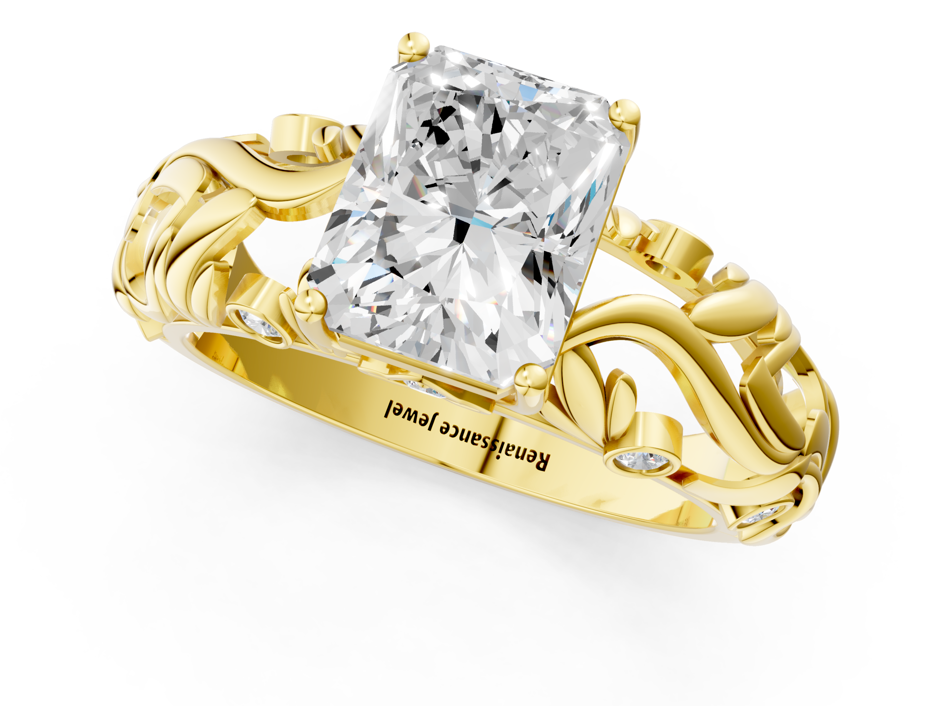 Yellow gold Radiant Solitaire Diamond Leaf Vine Band with Prong Setting_56