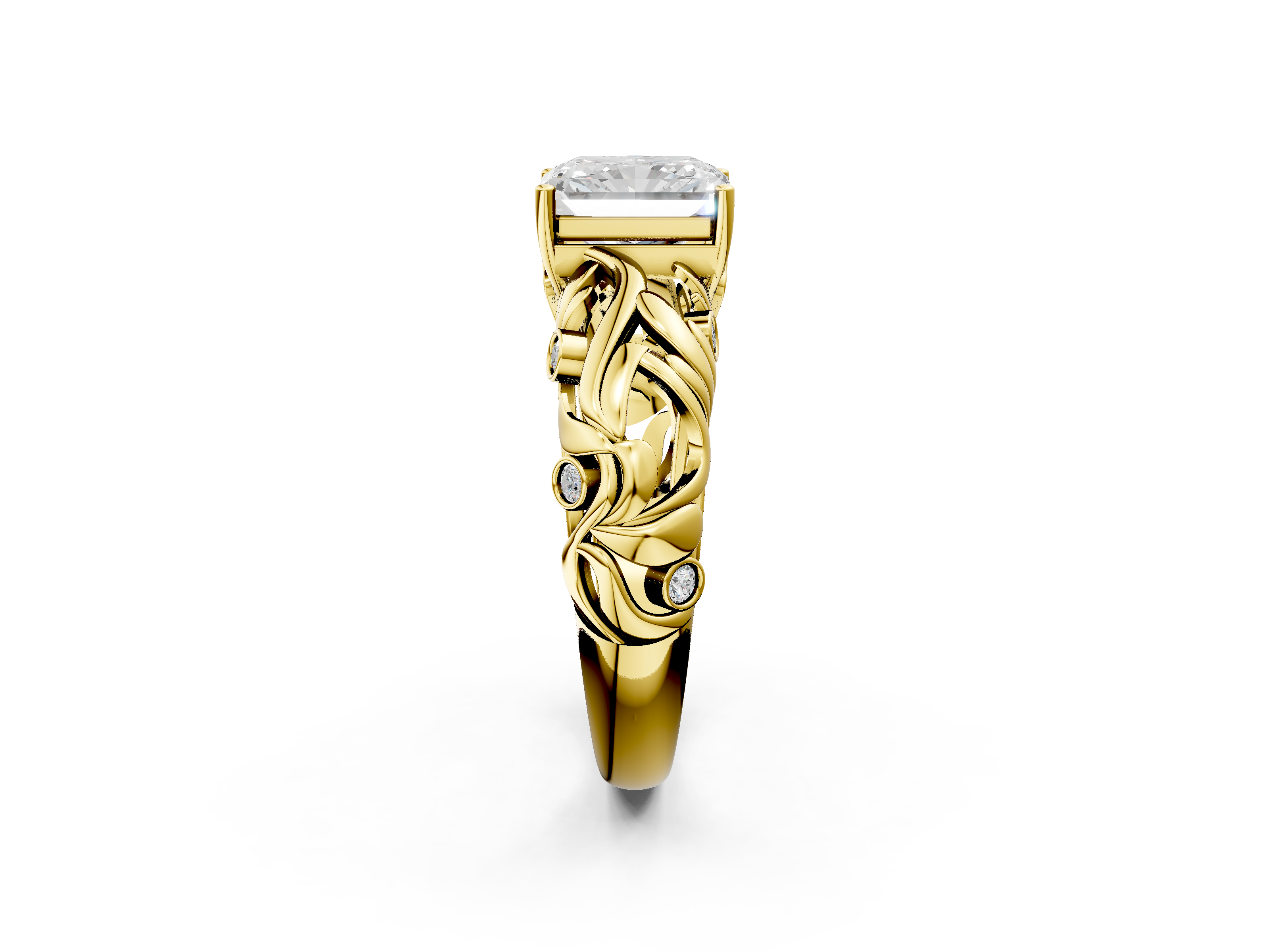 Yellow gold Radiant Solitaire Diamond Leaf Vine Band with Prong Setting_57