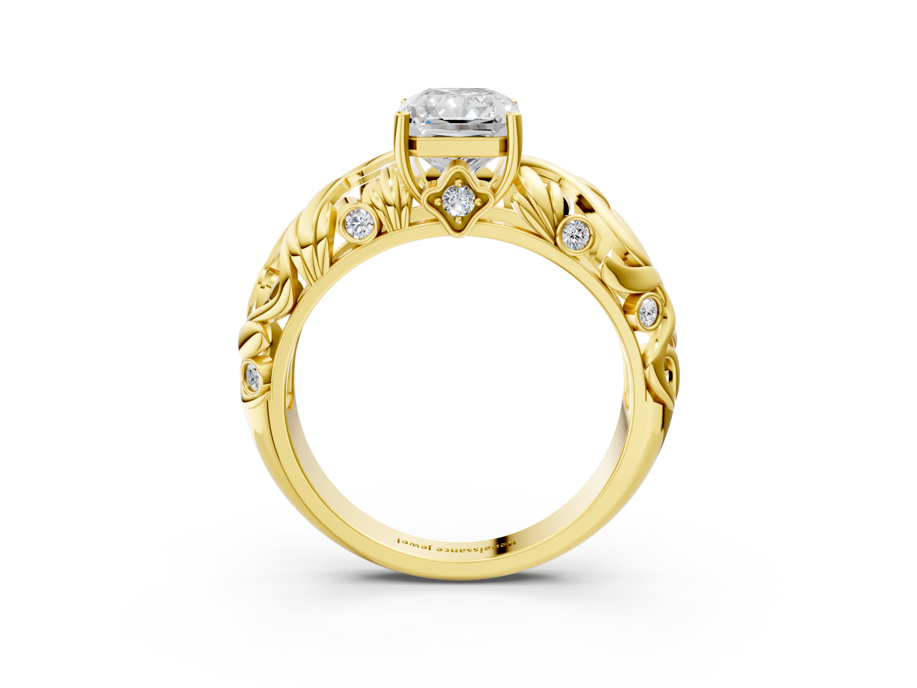 Yellow gold Radiant Solitaire Diamond Leaf Vine Band with Prong Setting_58
