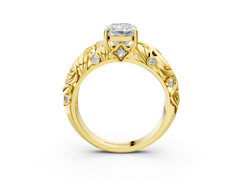Yellow gold Radiant Solitaire Diamond Leaf Vine Band with Prong Setting_58