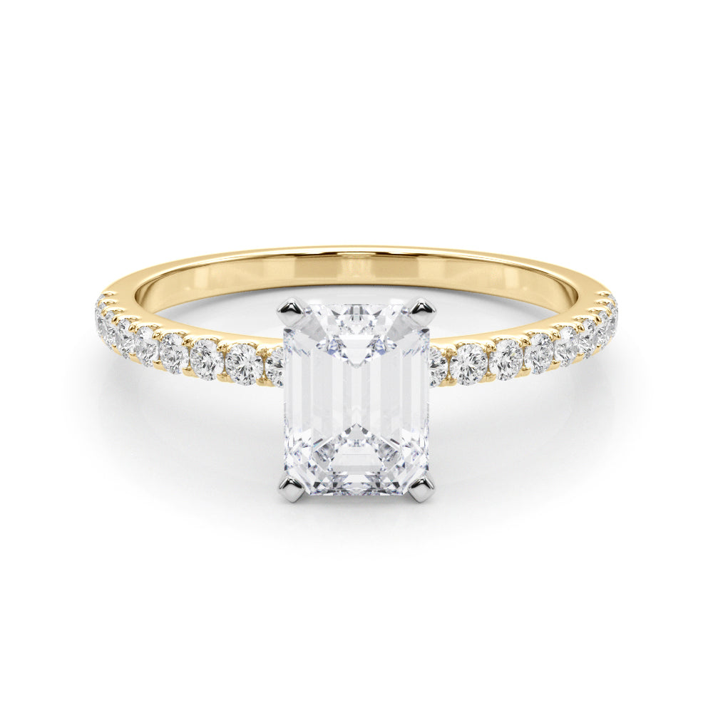 Yellow gold Radiant Solitaire Diamond Pavé Band with Four-Prong Setting