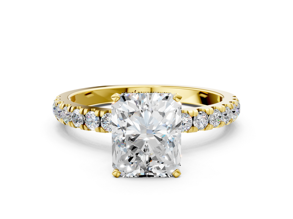 Yellow gold Radiant Cut Diamond Solitaire Ring with Pavé Accents and Four-Prong Setting