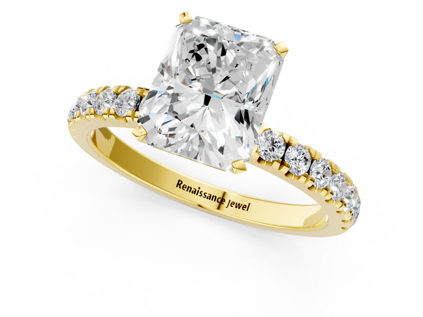 Yellow gold Radiant Cut Diamond Solitaire Ring with Pavé Accents and Four-Prong Setting