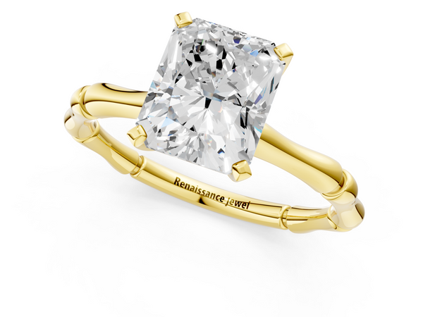Yellow gold Radiant Solitaire Diamond Ring with Bamboo Band and Four-Prong Setting