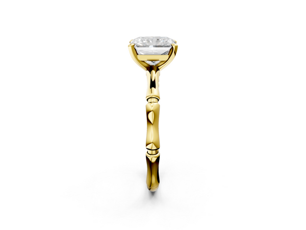 Yellow gold Radiant Solitaire Diamond Ring with Bamboo Band and Four-Prong Setting
