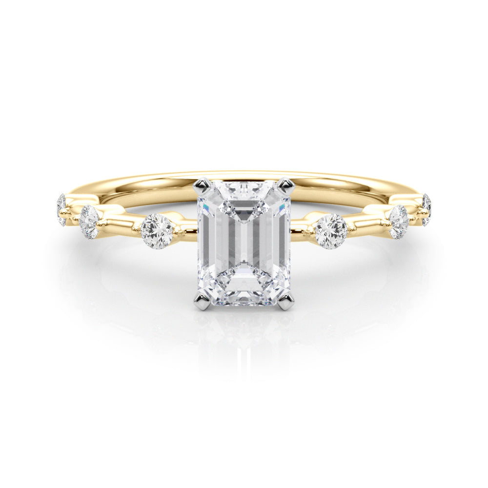 Yellow gold Radiant Solitaire Diamond Ring with Bezel Set Side Stones and Prong Setting
