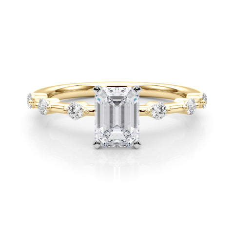 Yellow gold Radiant Solitaire Diamond Ring with Bezel Set Side Stones and Prong Setting