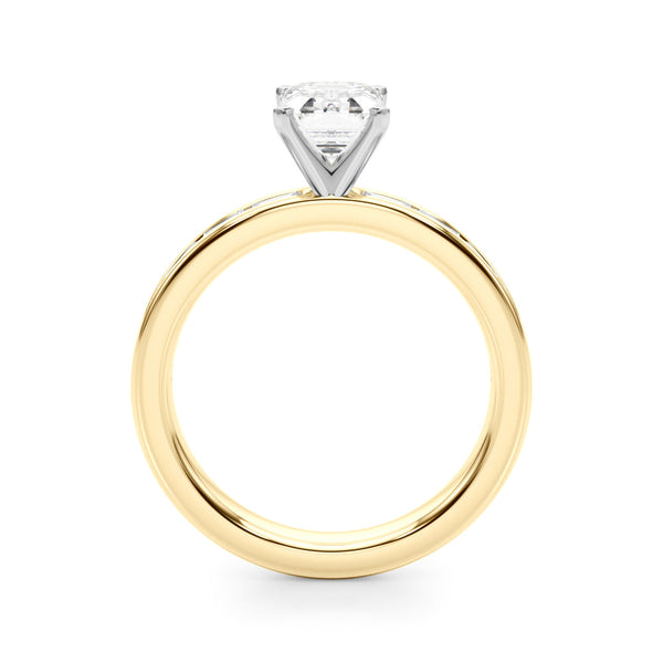 18K Yellow Gold 2.50 Carat E VVS2 Emerald Solitaire Diamond Ring with Channel-Set Baguette Band and Four-Prong Setting