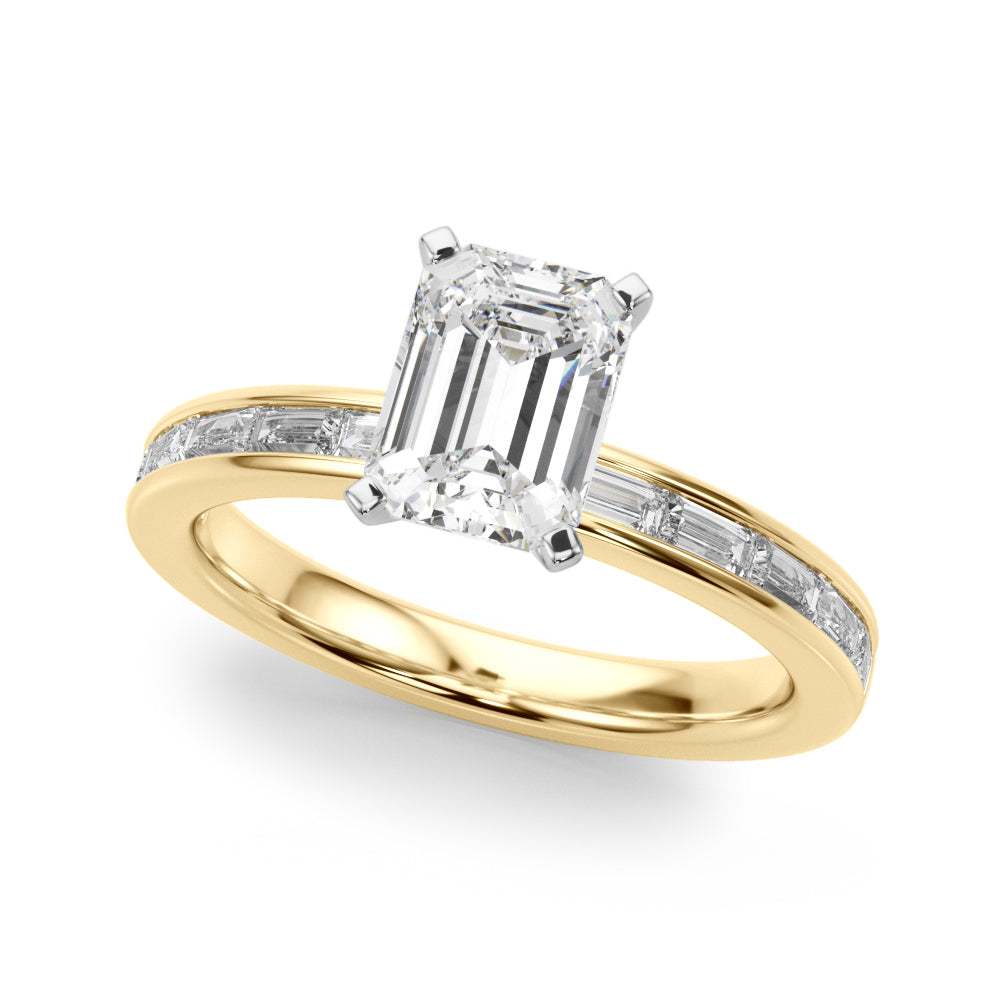 18K Yellow Gold 2.50 Carat E VVS2 Emerald Solitaire Diamond Ring with Channel-Set Baguette Band and Four-Prong Setting