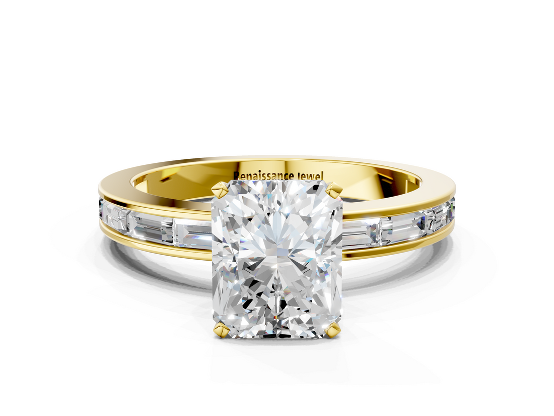Yellow gold Radiant Solitaire Diamond Ring with Channel-Set Baguette Band and Four-Prong Setting_106