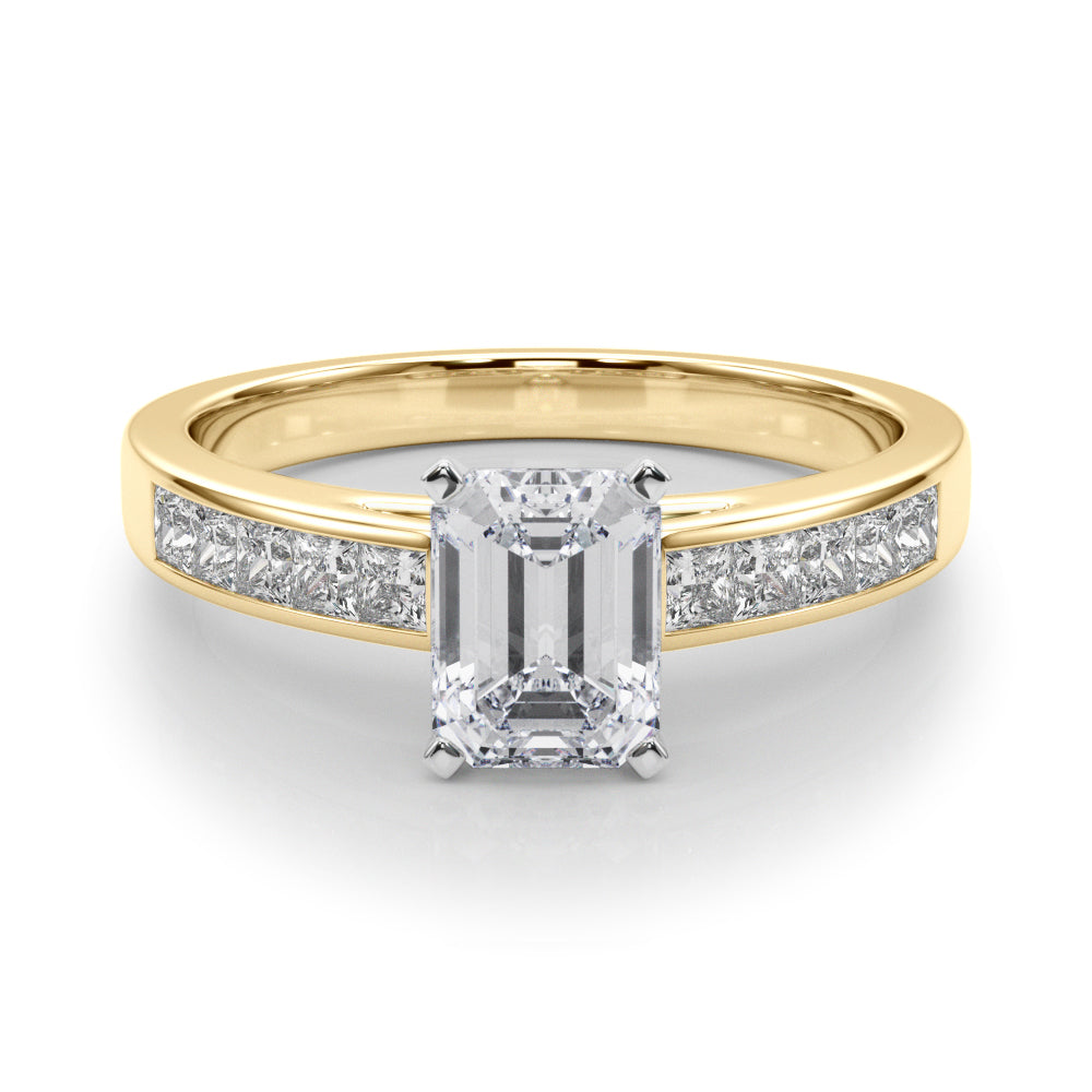 Yellow gold Radiant Solitaire Diamond Ring with Channel-Set Band and Four-Prong Setting