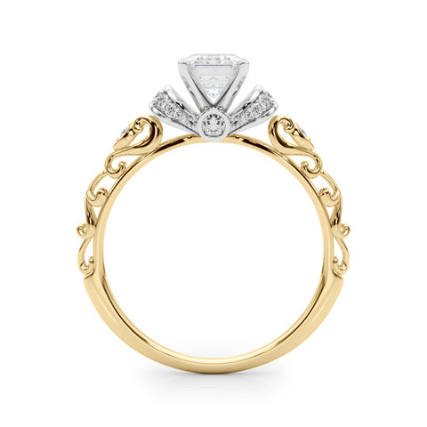 Yellow gold Radiant Solitaire Diamond Ring with Filigree Band and Four-Prong Setting 1