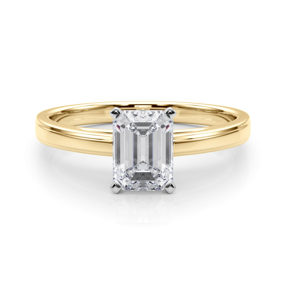 Yellow gold Radiant Solitaire Diamond Ring with Four-Prong Setting and Classic Band