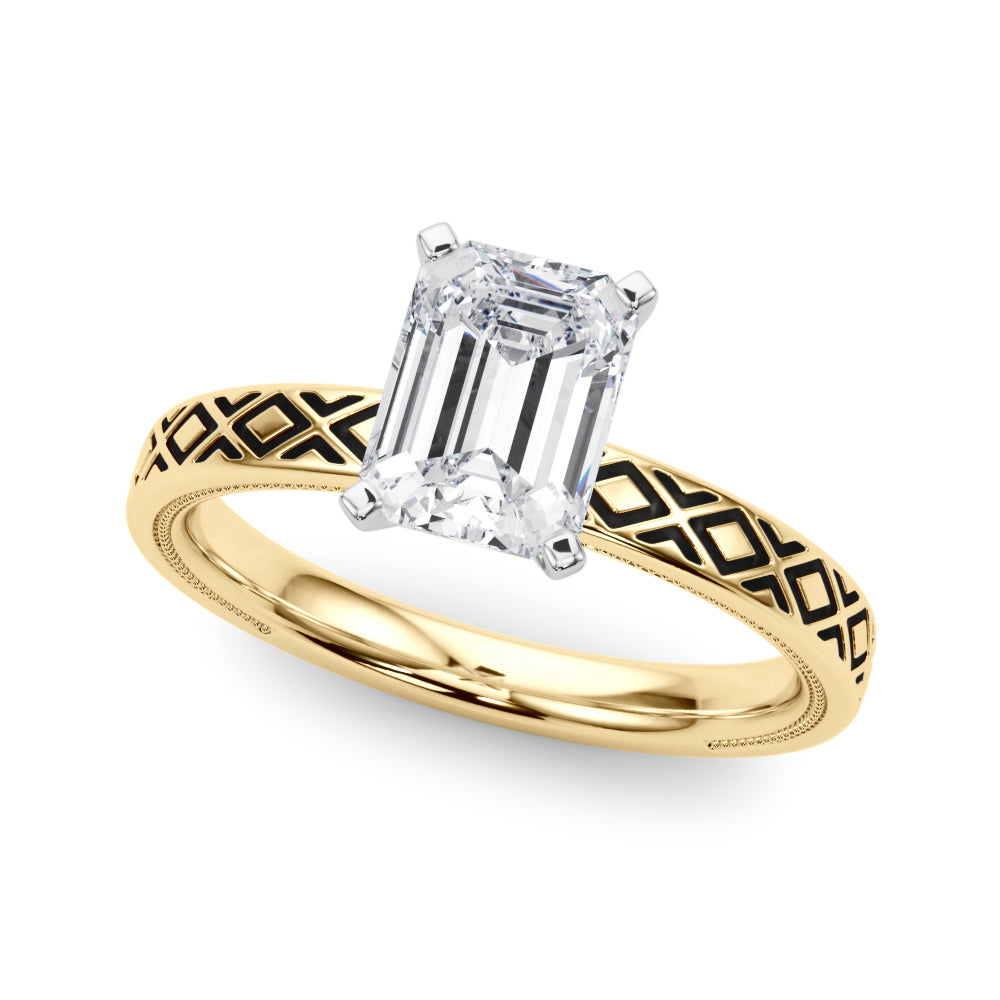 Yellow gold Radiant Solitaire Diamond Ring with Milgrain and Black Enamel X Pattern Band 2