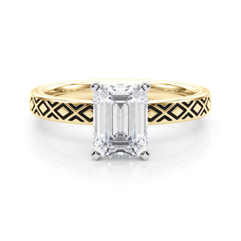 Yellow gold Radiant Solitaire Diamond Ring with Milgrain and Black Enamel X Pattern Band