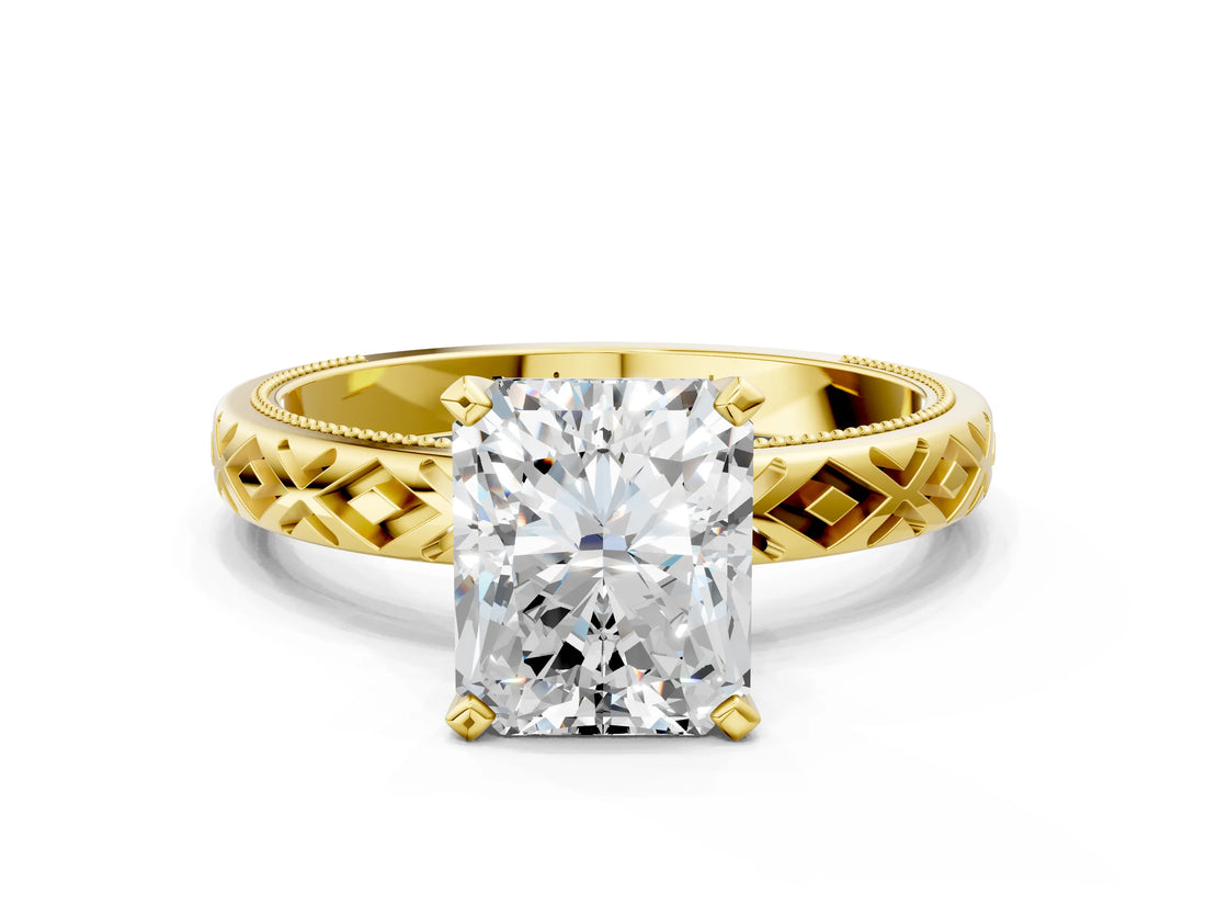 Yellow gold Radiant Solitaire Diamond Ring with Milgrain and Black Enamel X Pattern Band_193