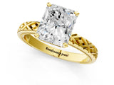 Yellow gold Radiant Solitaire Diamond Ring with Milgrain and Black Enamel X Pattern Band_194