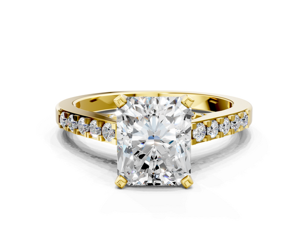 Yellow gold Radiant Cut Diamond Solitaire Ring with Crossover Gallery and Round  Pavé Band