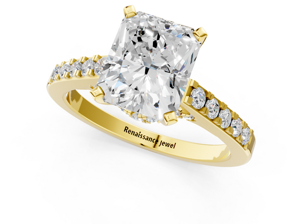 Yellow gold Radiant Cut Diamond Solitaire Ring with Crossover Gallery and Round  Pavé Band