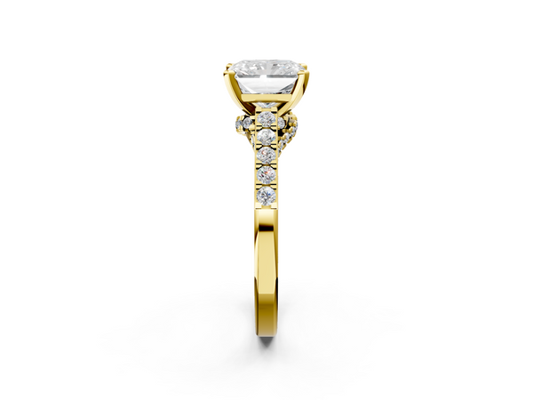 Yellow gold Radiant Cut Diamond Solitaire Ring with Crossover Gallery and Round  Pavé Band