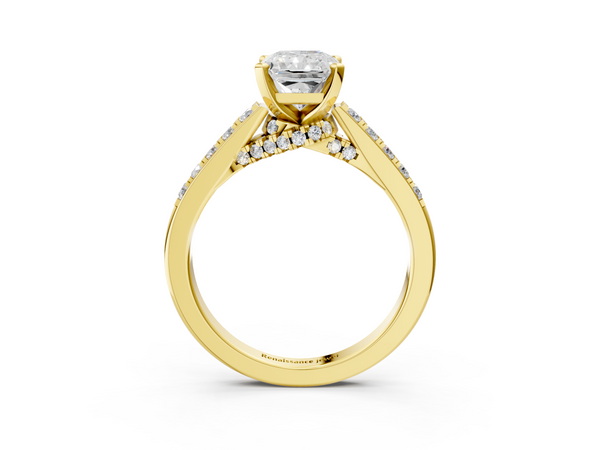 Yellow gold Radiant Cut Diamond Solitaire Ring with Crossover Gallery and Round  Pavé Band