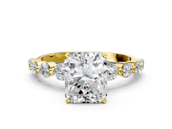 Yellow gold Radiant Cut Solitaire Diamond Ring with Pave Band and Four-Prong Setting