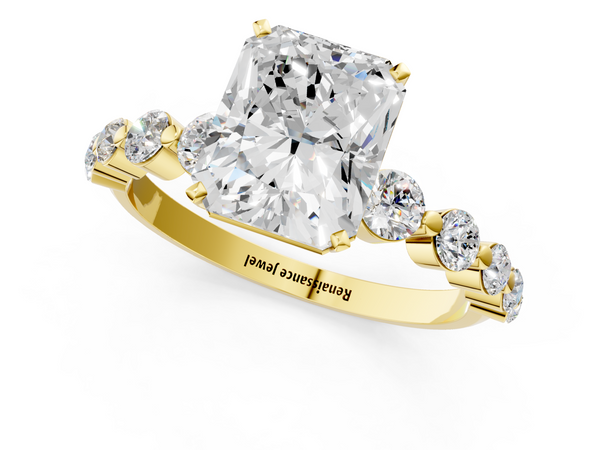 Yellow gold Radiant Cut Solitaire Diamond Ring with Pave Band and Four-Prong Setting