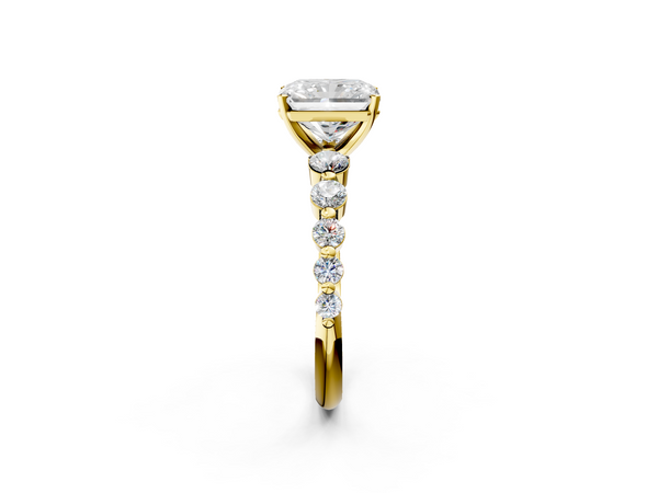 Yellow gold Radiant Cut Solitaire Diamond Ring with Pave Band and Four-Prong Setting