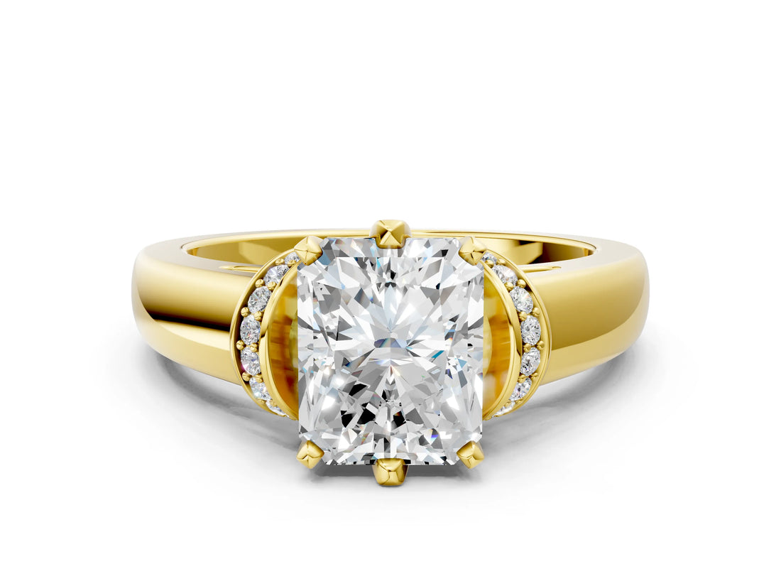 Yellow gold Radiant Solitaire Diamond Ring with Pave Band and Six-Prong Setting_35