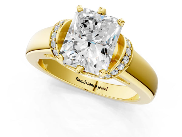Yellow gold Radiant Solitaire Diamond Ring with Pave Band and Six-Prong Setting