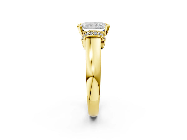 Yellow gold Radiant Solitaire Diamond Ring with Pave Band and Six-Prong Setting