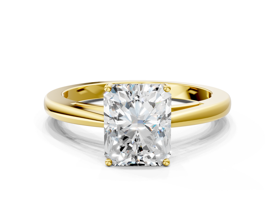 Yellow gold Radiant Solitaire Diamond Ring with Split Shank and Four-Prong Setting