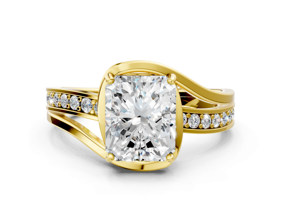 Yellow gold Radiant Solitaire Diamond Ring with Split Shank and Prong Setting_65