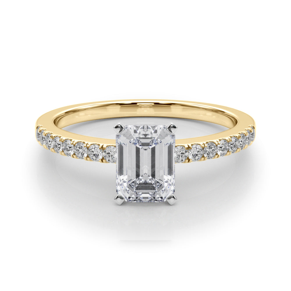 Yellow gold Radiant Solitaire Diamond with Pavé Band and Four-Prong Setting