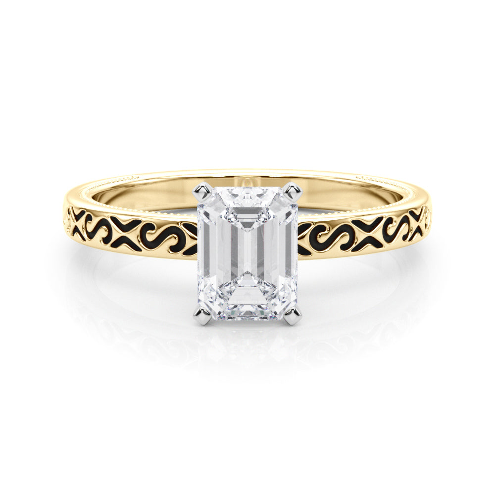 Yellow gold Radiant Solitaire Engagement Ring with Scrollwork Band and Four-Prong Setting