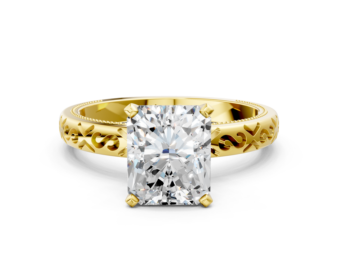 Yellow gold Radiant Solitaire Engagement Ring with Scrollwork Band and Four-Prong Setting_142