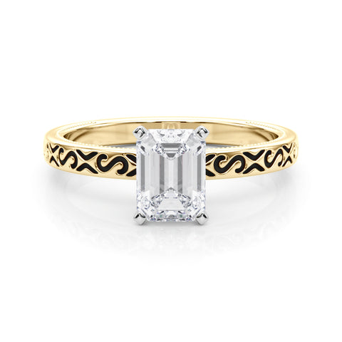 Yellow gold Radiant Solitaire Engagement Ring with Scrollwork Band and Four-Prong Setting