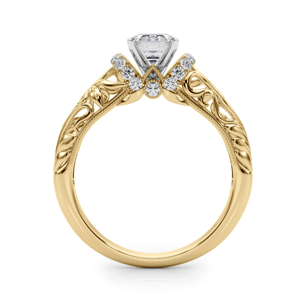 Yellow gold Radiant Solitaire Filigree Engagement Ring with Halo and Prong Setting 1