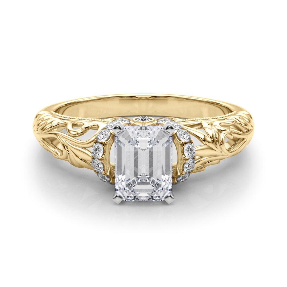 Yellow gold Radiant Solitaire Filigree Engagement Ring with Halo and Prong Setting