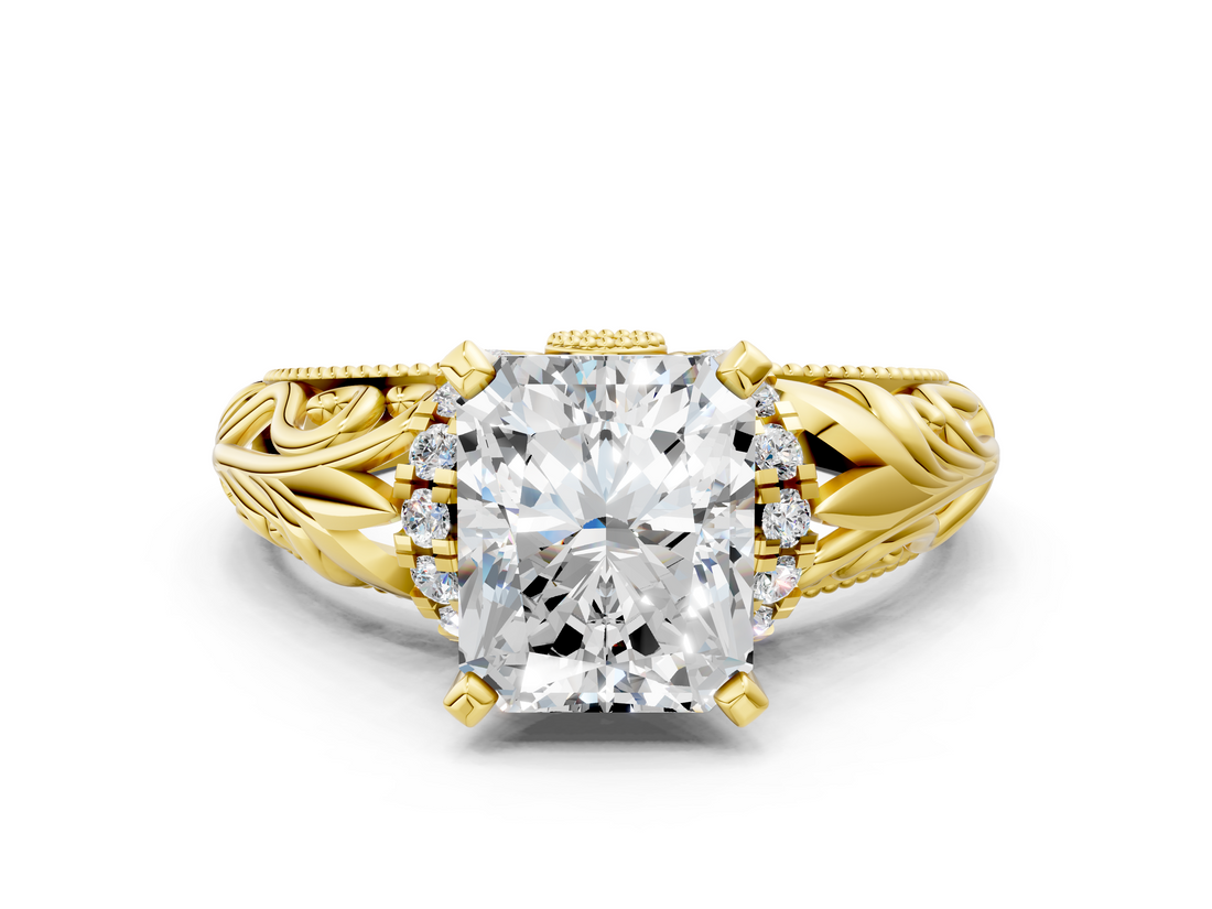 Yellow gold Radiant Solitaire Filigree Engagement Ring with Halo and Prong Setting_81