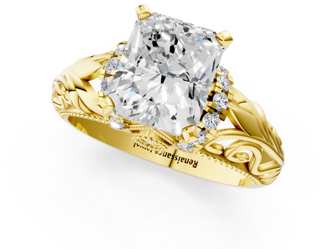 Yellow gold Radiant Solitaire Filigree Engagement Ring with Halo and Prong Setting_82