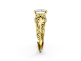 Yellow gold Radiant Solitaire Filigree Engagement Ring with Halo and Prong Setting_83