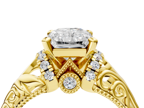 Yellow gold Radiant Solitaire Filigree Engagement Ring with Halo and Prong Setting_85