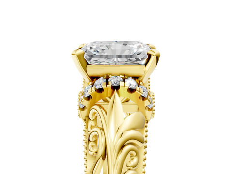 Yellow gold Radiant Solitaire Filigree Engagement Ring with Halo and Prong Setting_86