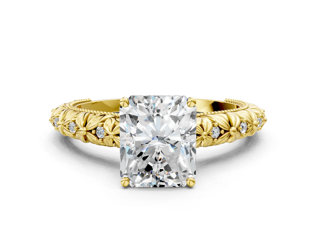 Yellow gold Radiant Solitaire Floral Milgrain Engagement Ring_32