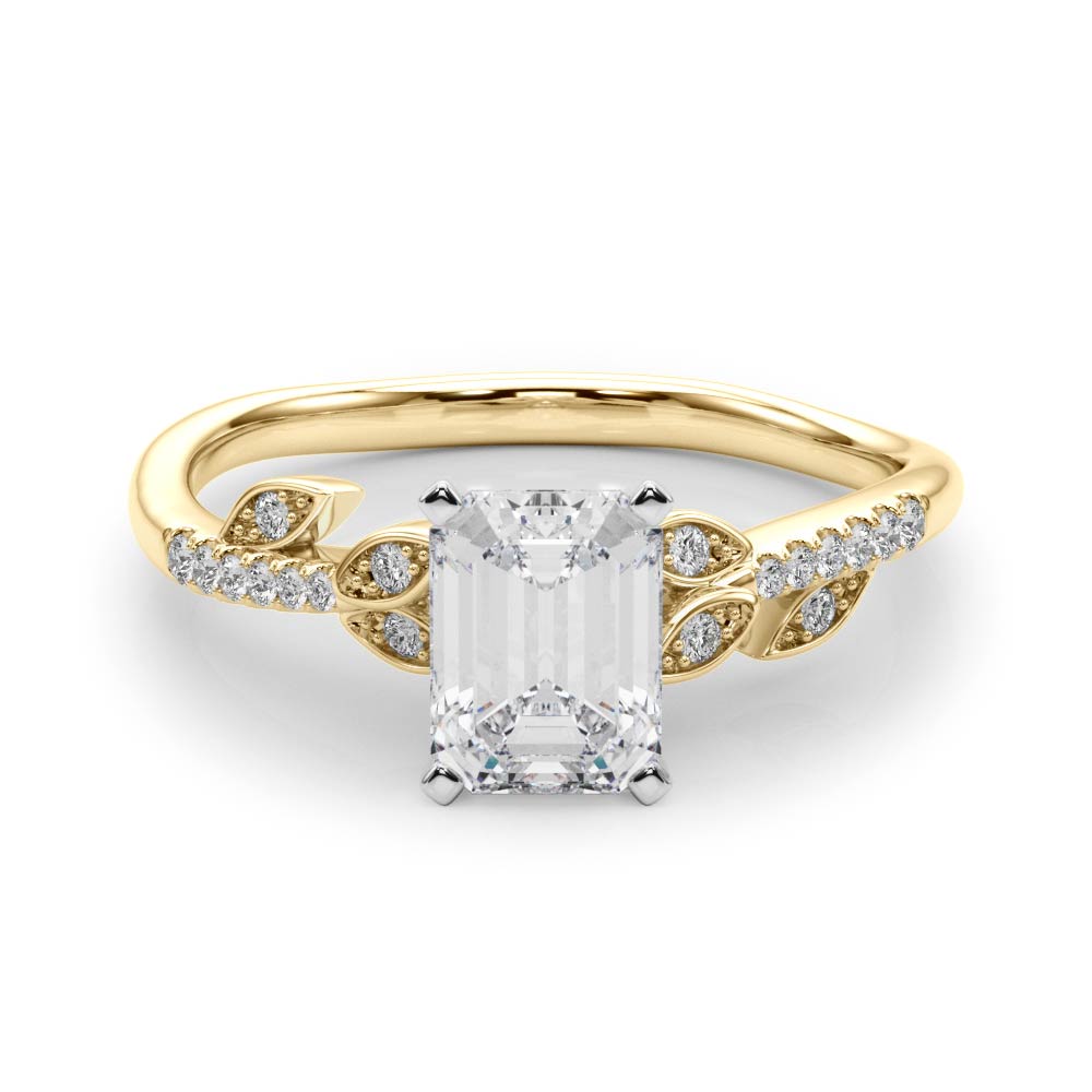 Yellow gold Radiant Solitaire Leaf-Inspired Diamond Ring with Pavé Band and Four-Prong Setting