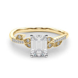 Yellow gold Radiant Solitaire Leaf-Inspired Diamond Ring with Pavé Band and Four-Prong Setting